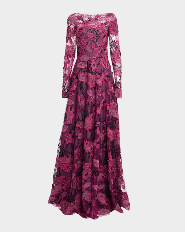 Floral Embroidered Long-Sleeve Illusion Gown